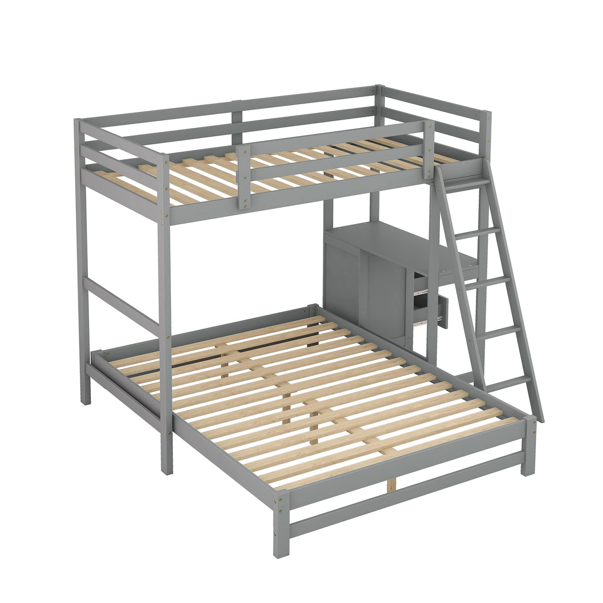 Merax Twin Over Full Bunk Bed with Ladder & Guardrails, Solid Wood Bunk Beds Frame with Built-in Desk and 3 Drawers, Split into Twin Size Loft Bed & Full Size Platform Bed, No Box Spring Needed, Gray Merax