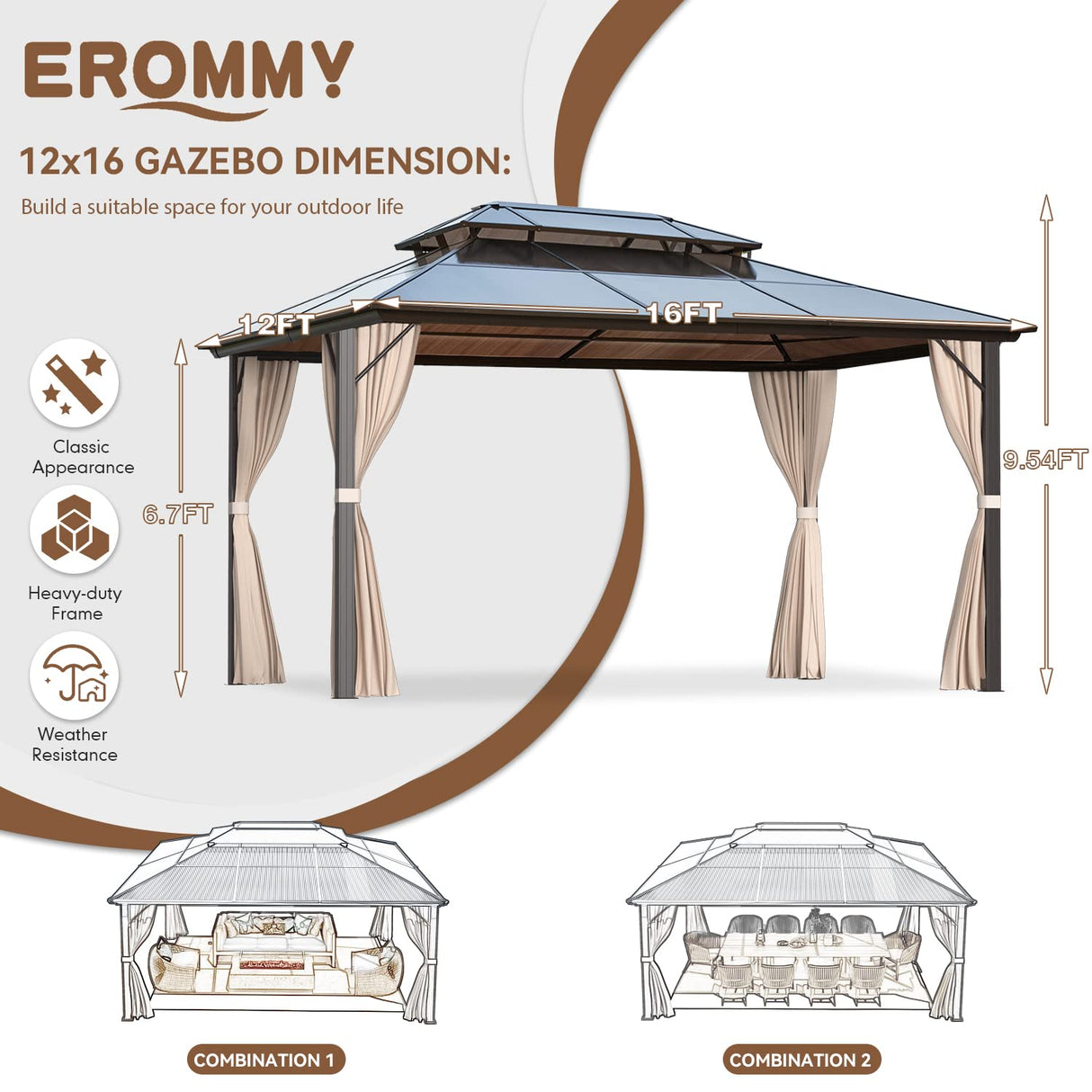 EROMMY 12'x16' Gazebo Polycarbonate Double Roof Pavilion Gazebo Outdoor Aluminum Frame Canopy with Netting and Curtains for Garden Patio Lawns Parties EROMMY