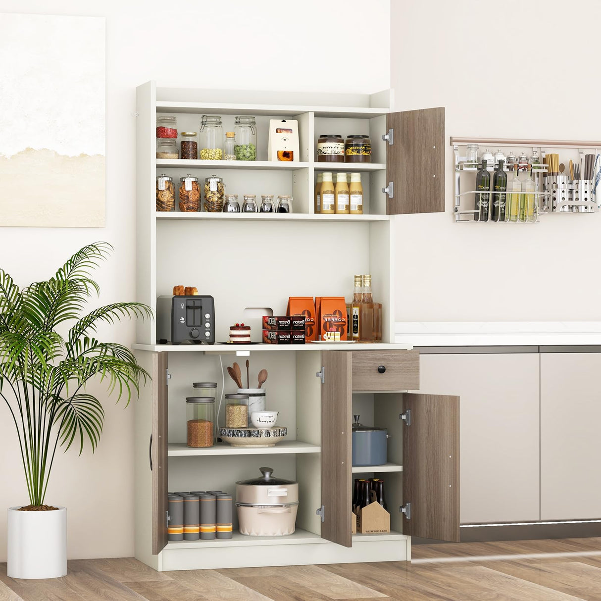 COSTWAY Kitchen Pantry Storage Cabinet, 71" Freestanding Tall Hutch Cabinet with Charging Station, Microwave Stand, Adjustable Shelves, Modern Buffet Cabinet with Hutch for Dining Room, Kitchen, White COSTWAY