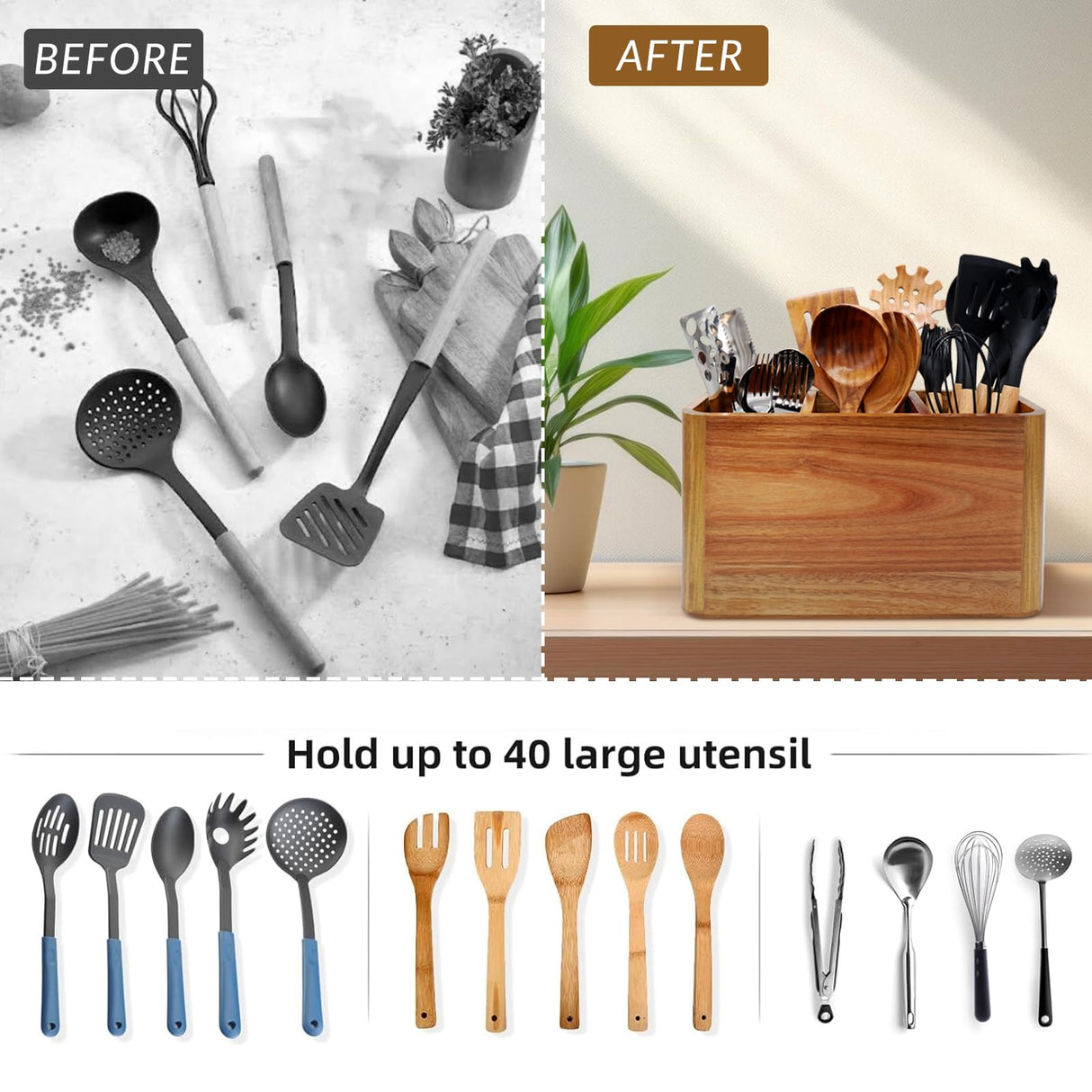 Wooden Kitchen Utensil Holder Organizer for Counter or Countertop, Large Wooden Utensil Holder for Storage Cooking and Silverware with 3 Compartment, Acacia Rustic Wood Container Extra Large Liberal Brightdeer