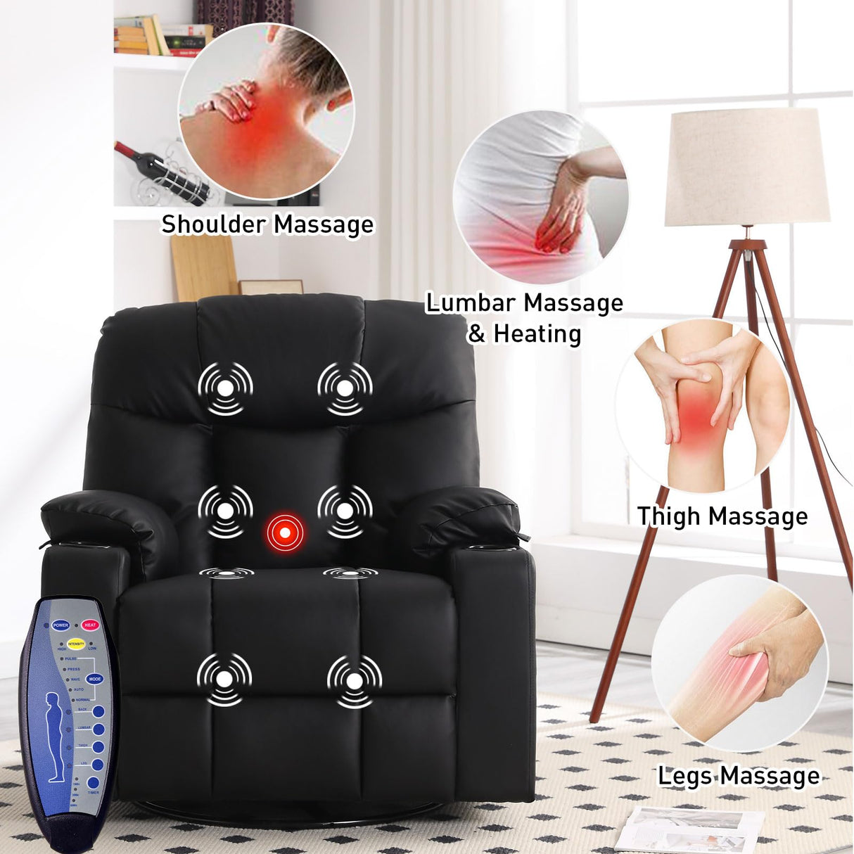 Bonzy Home Oversized Swivel Rocker Recliner, 40" Rocking Recliner Chair with Heated and Massage, PU Leather Single Sofa with Swivel Function, 2 Cup Holders for Living Room Bedroom, Black Bonzy Home