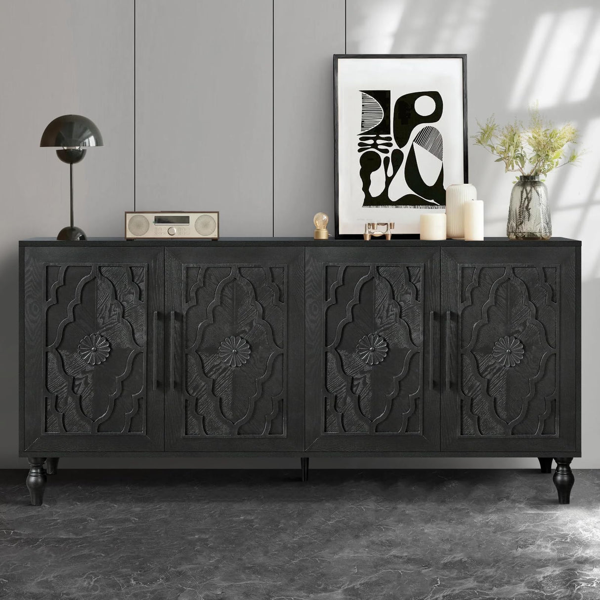 WILSHINE Sideboard Buffet Credenzas for Living Room, 63" Antique Black Entryway Table with Storage Accent Cabinet, Carved Flowers Doors & Wire Holes WILSHINE