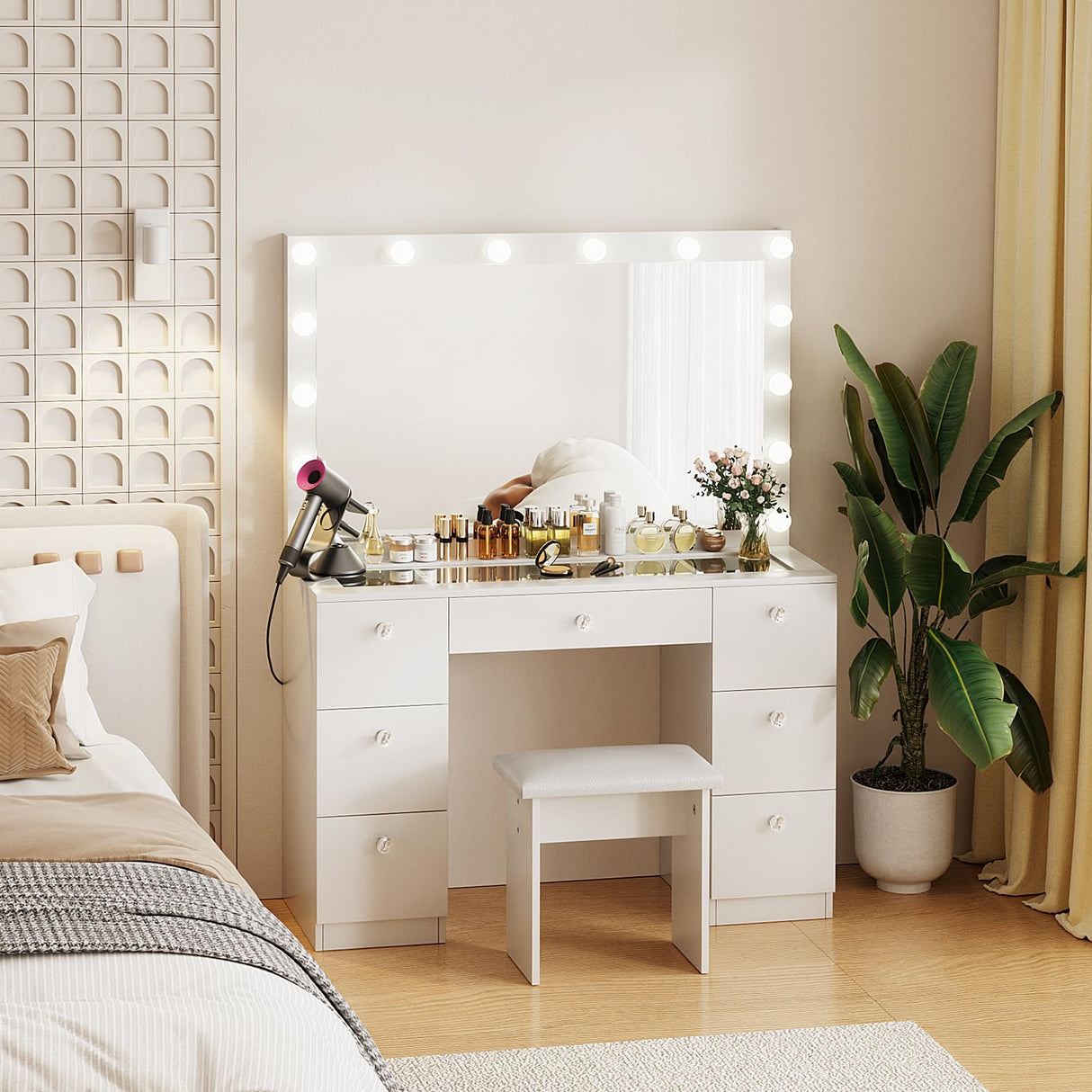 SMOOL Vanity with Lighted Mirror - Makeup Vanity Desk with Power Outlet and 7 Drawers, 3 Color Lighting Modes Adjustable Brightness, 44" Vanity Table with Glass Top for Women Girls, White (White) SMOOL