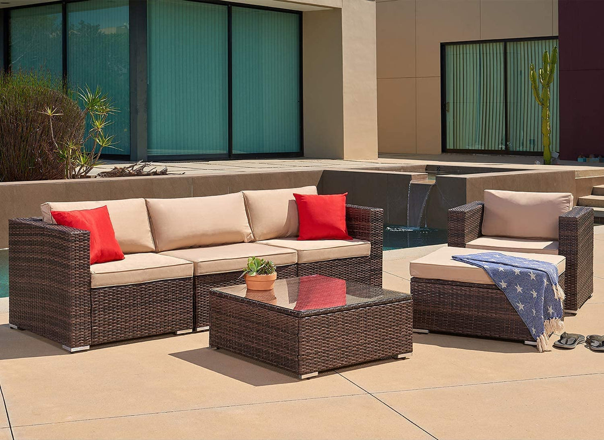 SUNCROWN 6-Piece Outdoor Furniture Patio Sectional Sofa - PE Rattan Wicker Conversation Set with Cushions and Coffee Table SUNCROWN