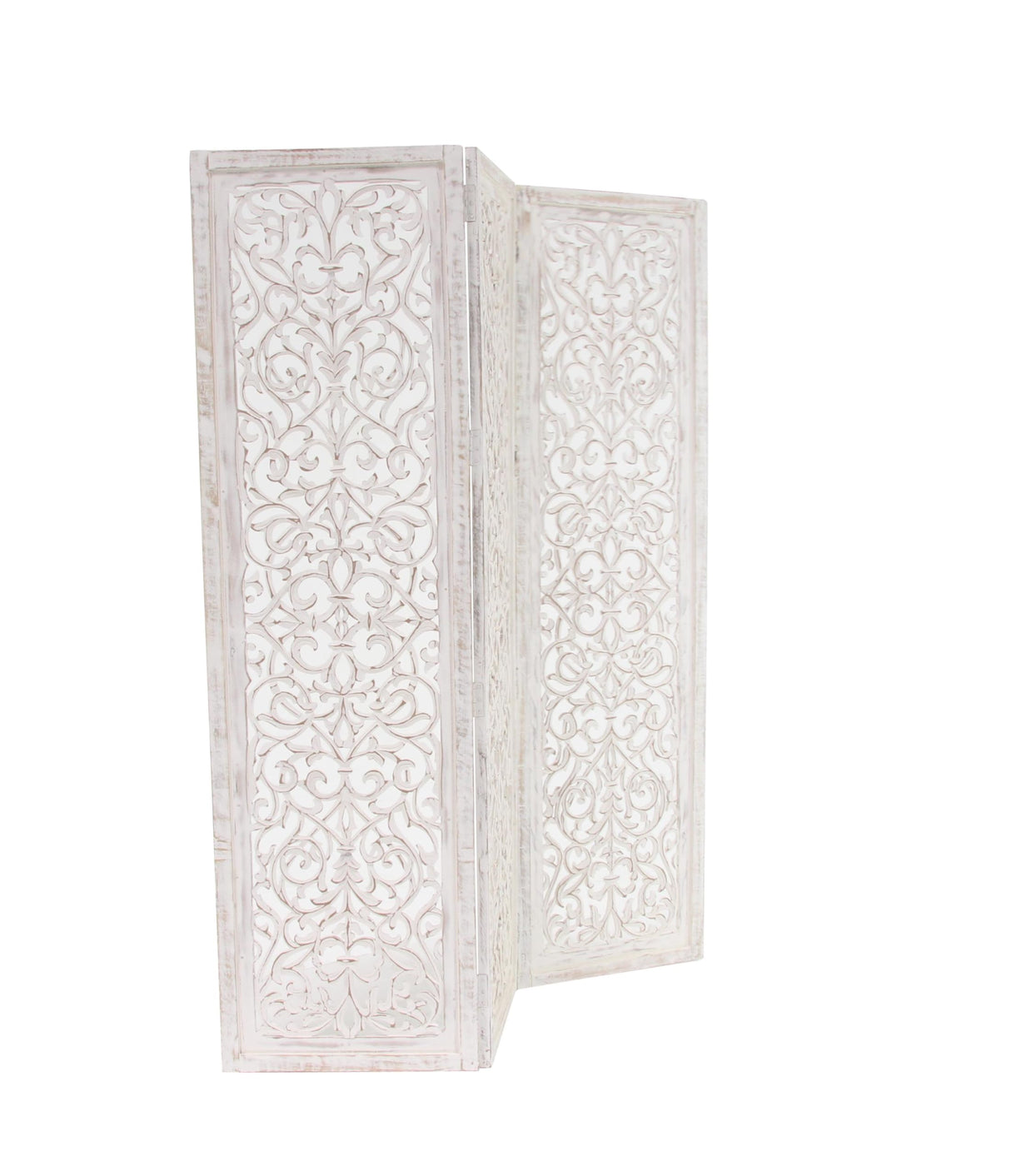 Deco 79 Wooden Floral Handmade Partition Room Divider Screen Hinged Foldable Partition 3 Panel Privacy Screen with Intricate Carved Design, Room Partition 60" x 1" x 69", White Deco 79