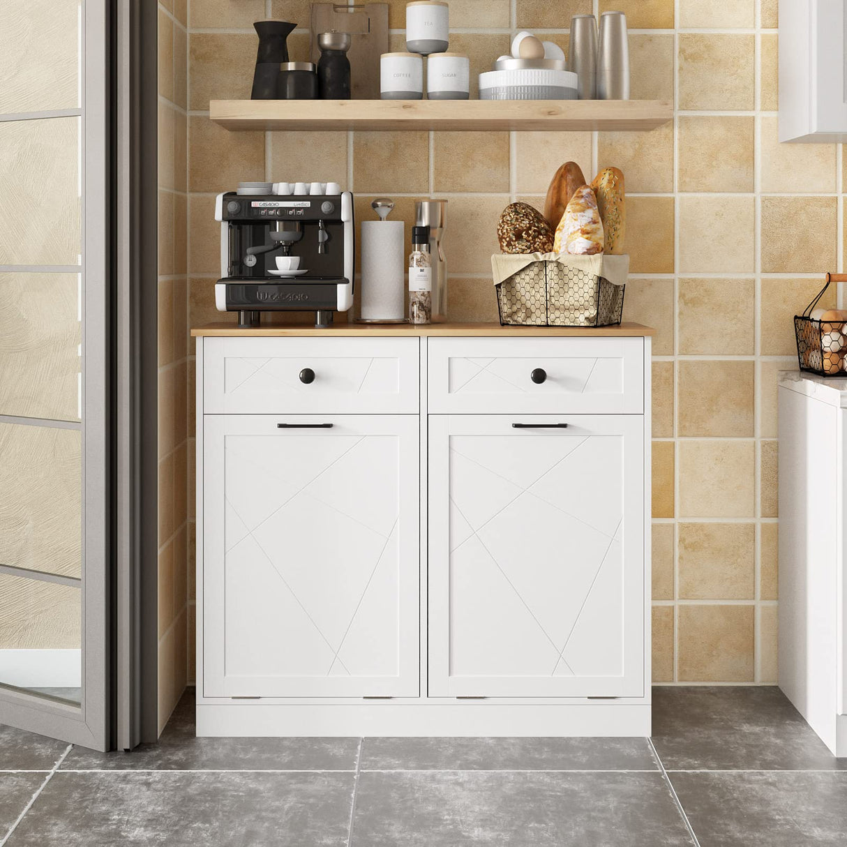 Halitaa Trash Can Cabinet, Double Tilt Out Trash Cabinet with 2 Drawers, Hidden Kitchen Trash Bin Cabinet for 10 Gallon Garbage Can, Free Standing Holder Wooden, Walnut White Halitaa