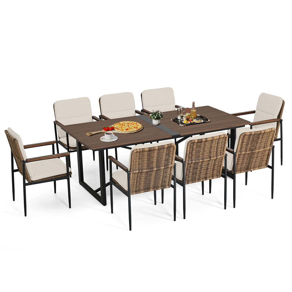 HAPPATIO 9 Piece Patio Dining Set Outdoor, 8 Wicker Chairs with Aluminum Frame and Olefin Cushions, Large Wooden Dining Table with Umbrella Hole,Patio Table and Chairs for Backyard Garden Porch HAPPATIO