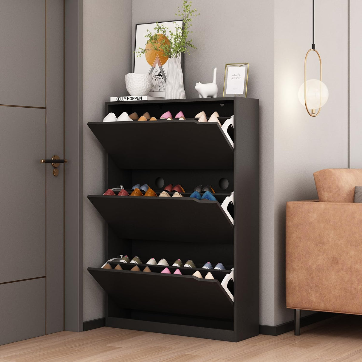 Wodeer Shoe Cabinet with 3 Flip Drawers,Wood Entryway Shoe Storage Cabinet,Freestanding Shoe Rack Storage Organizer for Entryway, Hallway, Black,9.33" D x 31.5" W x 47.2" H… Wodeer