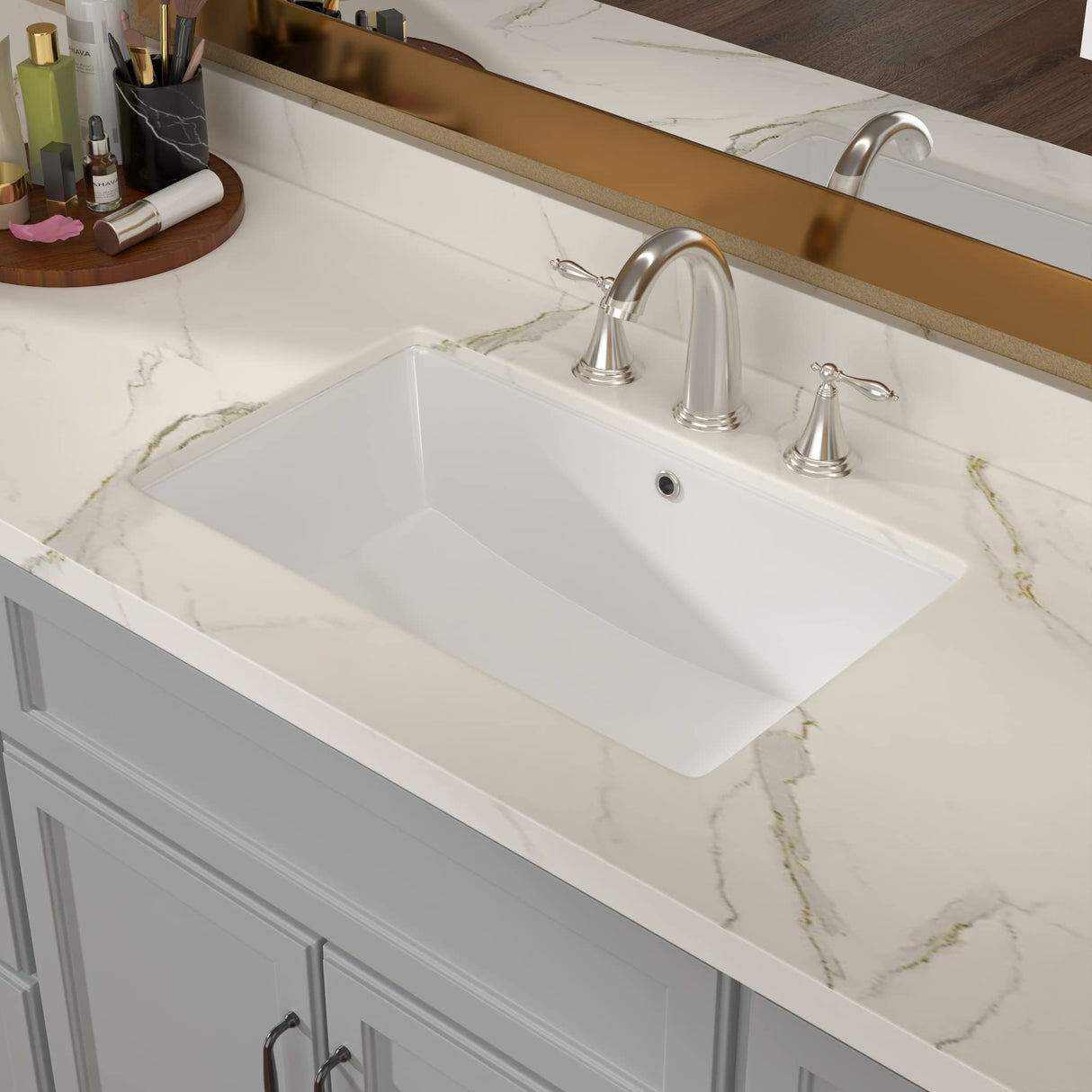 Lordear Rectangular Undermount Bathroom Sink 21x14 inch White Rectangle Bathroom Sink Undermount White Porcelain Ceramic Lavatory Bathroom Vanity Sink with Overflow Lordear
