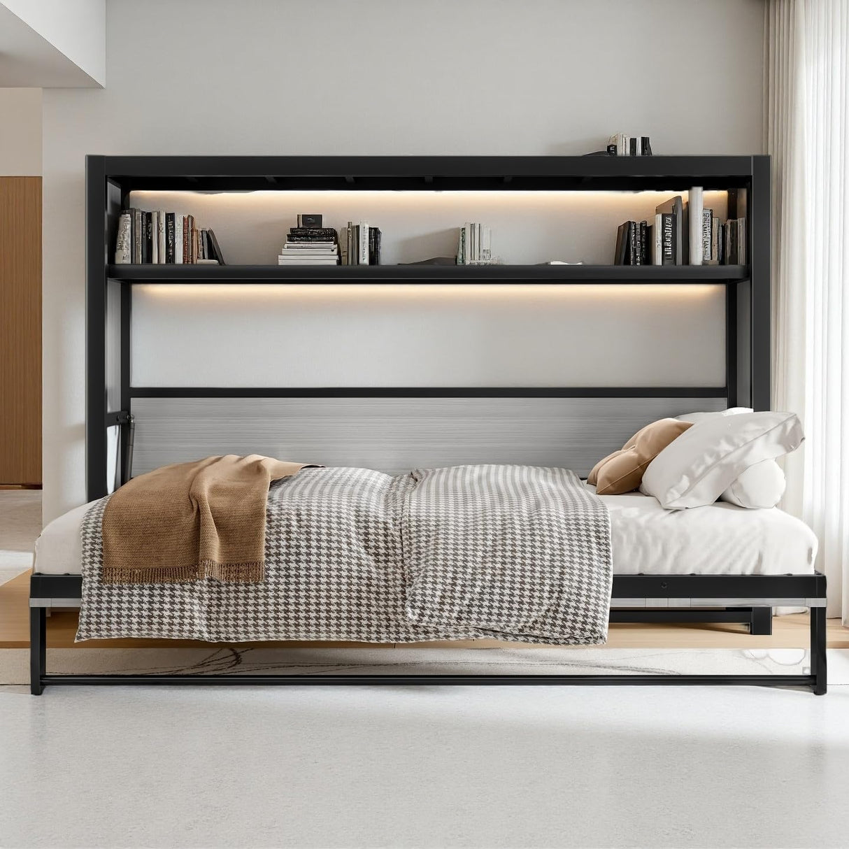 LUMISOL Twin Size Horizontal Murphy Bed with Shelves, Metal Wall Bed with Foldable and Space-Saving Design, Hidden Murphy Bed Frame, Gray LUMISOL