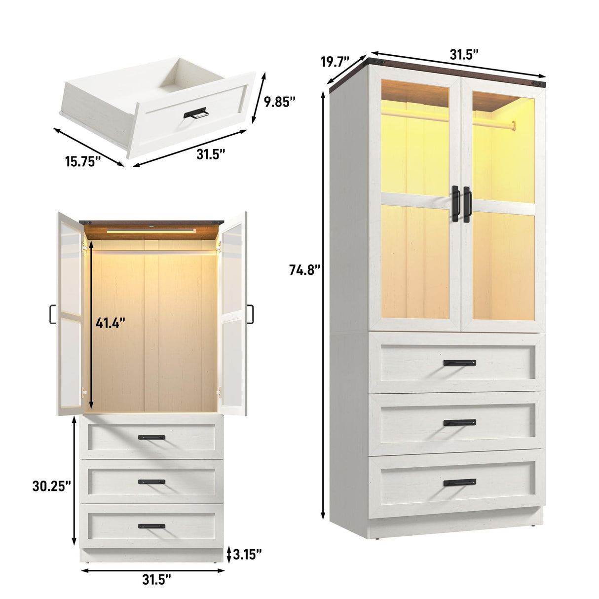 75" Tall Farmhouse 2 Doors Armoire Wardrobe Closet with 3 Drawers and LED,Freestanding Closet Wardrobe Cabinet for Bedroom with Hanging Rod,Wooden Armoire Storage Cabinet Adjustable(Rustic Off White) Hlivelood