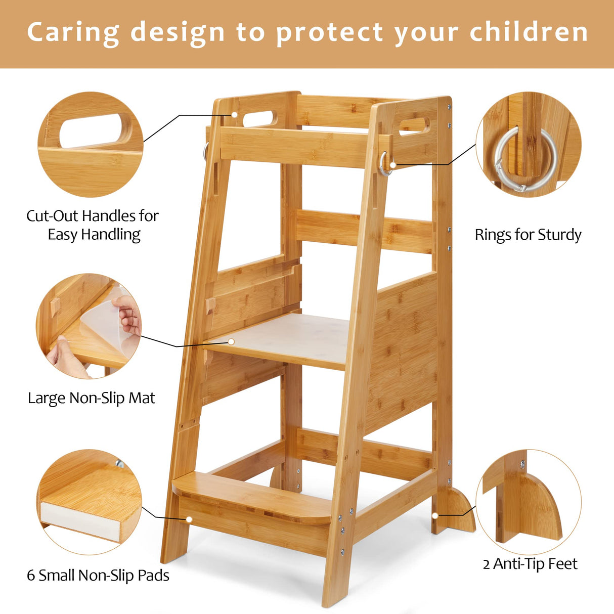 TOETOL Bamboo Toddler Step Stool Kids Kitchen Counter Learning Stool Standing Helper Tower 3 Height Adjustable Bathroom Sink with Safety Rail,Natural TOETOL