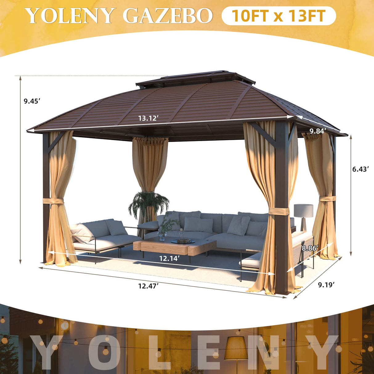 YOLENY 10' x 13' Hardtop Gazebo with Galvanized Steel Roof, Double Arc Roof Gazebo with Aluminum Frame, Outdoor Gazebo with Curtain&Netting, Sunshade for Gardens, Lawns, Deck YOLENY