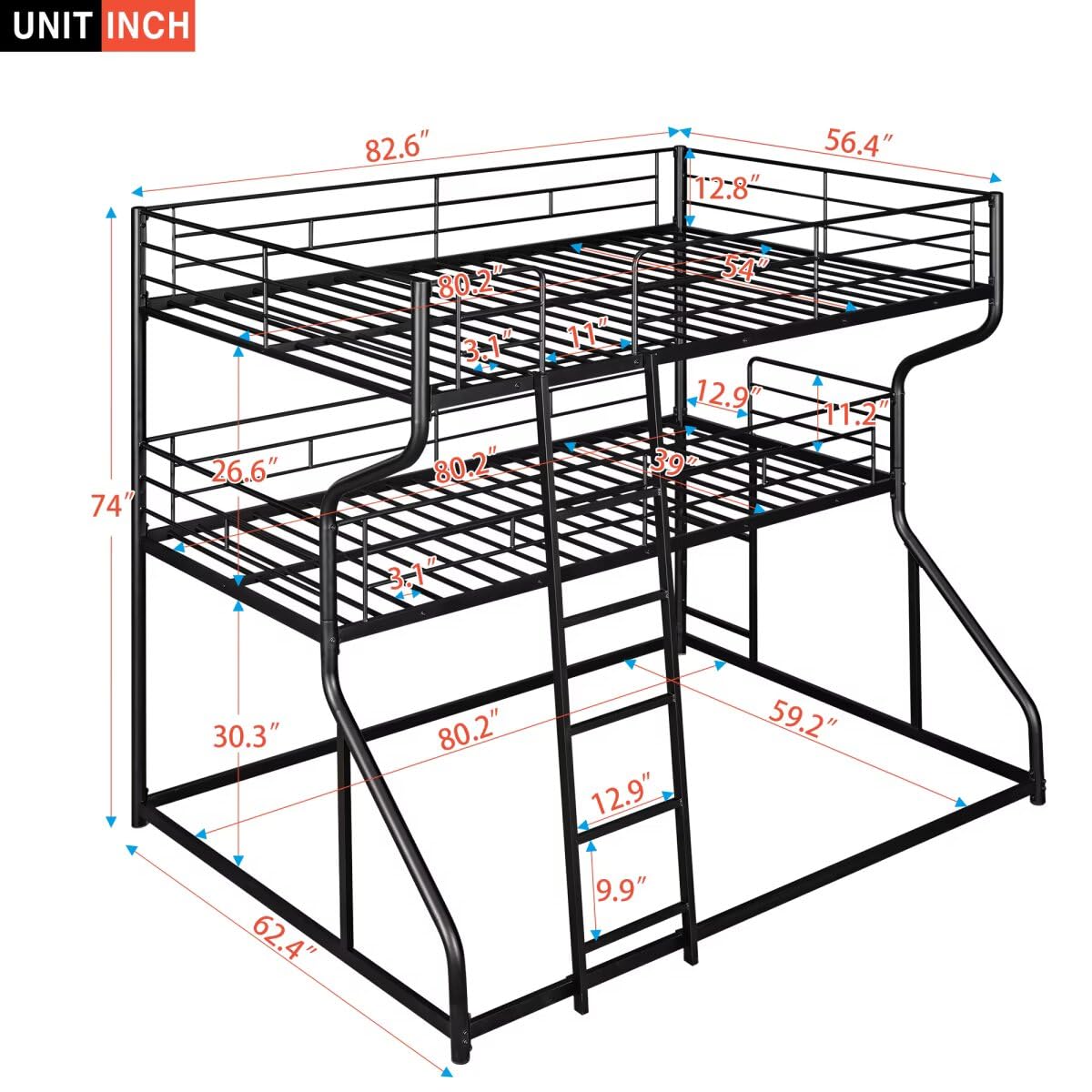 JIJIWANG Full XL Over Twin XL Over Queen Size Triple Bunk Bed with Long and Short Ladder, Unique Curved Metal Frame with Safety Guardrail, Industrial Style Triple Bunk Bed Frame, Black JIJIWANG