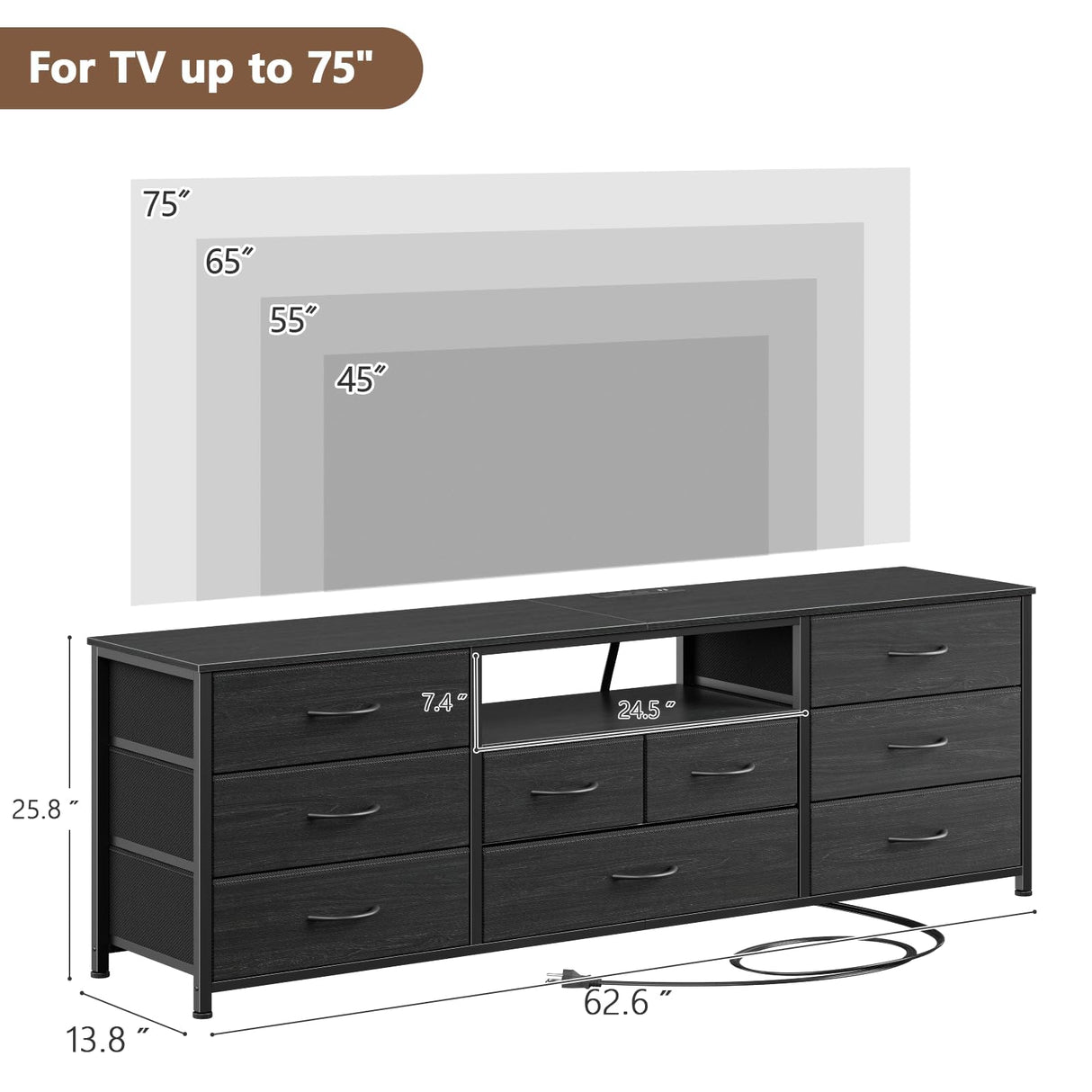Furnulem 9 Drawer Dresser, 63” Long TV Stand for Bedroom, Entertainment Center with Power Outlet & LED Light for 65"-75" TV, Black Dresser with Fabric Storage Drawers for Closet Furnulem