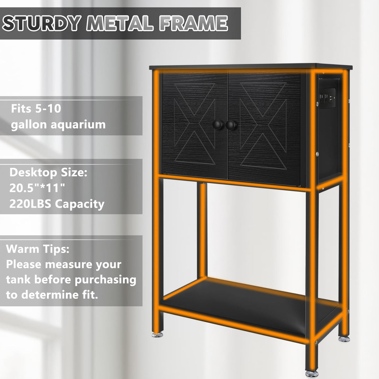 BEURUKU 5-10 Gallon Fish Tank Stand, Heavy Duty Aquarium Stand with Cabinet & Power Outlets for Fish Tank Accessories Storage, Double Tank Stand 20.5" L* 11" W Tabletop, 220LBS Capacity Black BEURUKU