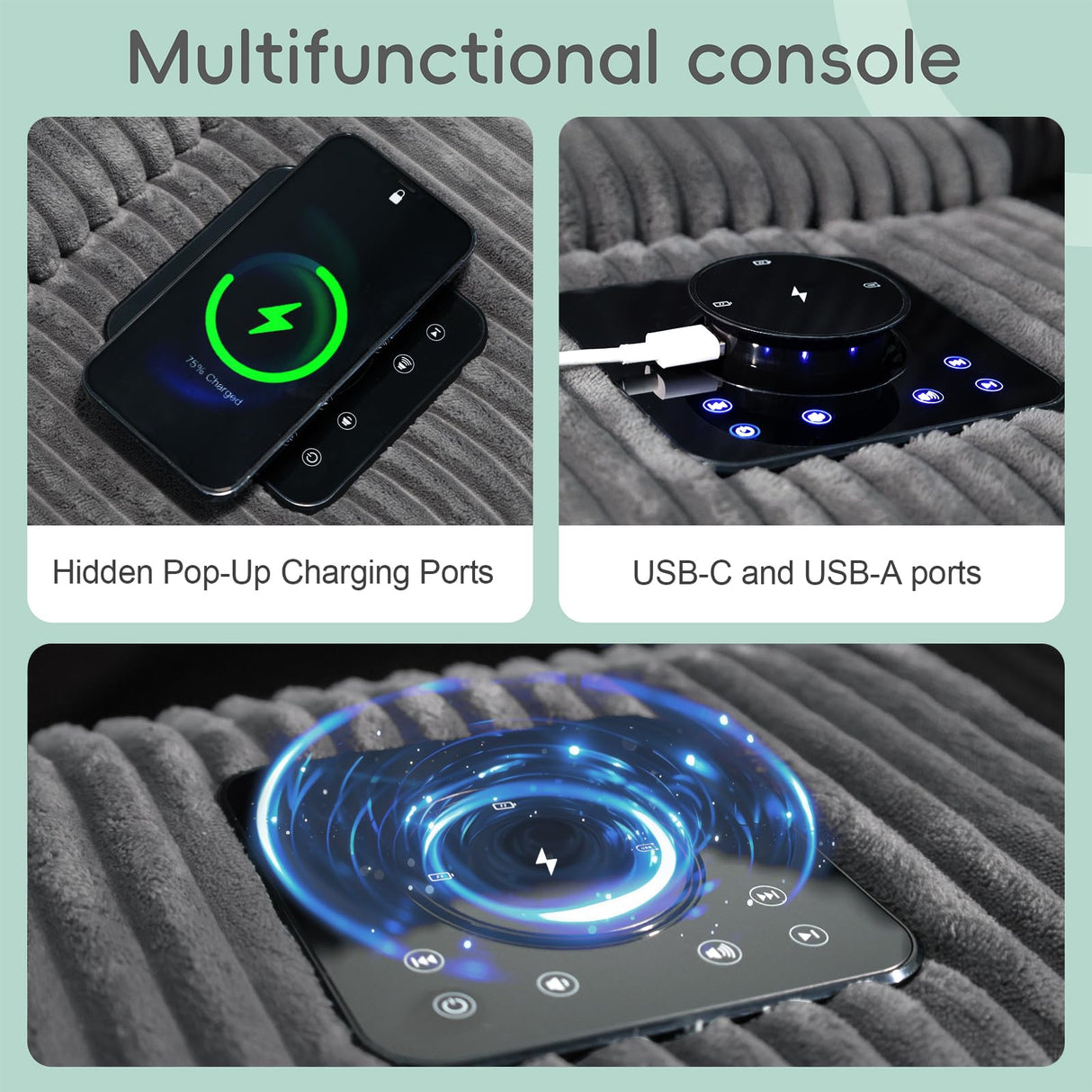 MAKIAAP 114" Corduroy Sectional Modular Couch with Bluetooth Speakers, L Shaped Couches Comfy Deep Sofa with Console, USB Charger, Cup Holders, Storage, Ottoman for Living Room (Gray, 114in) MAKIAAP