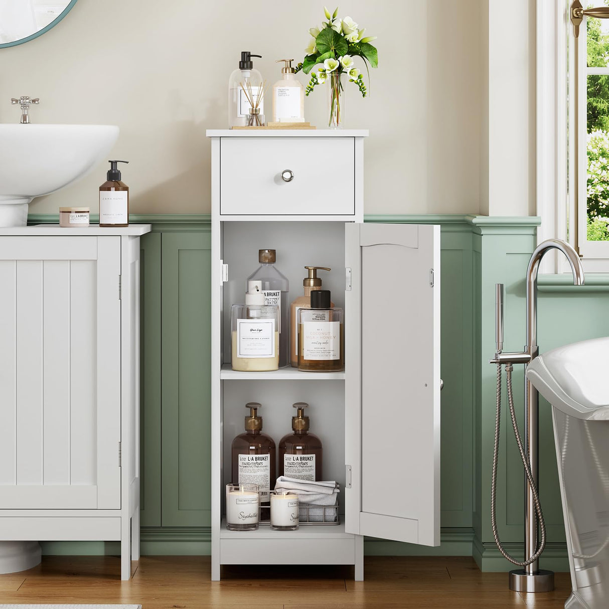 Iwell Bathroom Floor Cabinet, Small Bathroom Storage Cabinet with Drawer & Storage Shelf, Free-Standing Organizer Cabinets for Hallway/Living Room, White Iwell