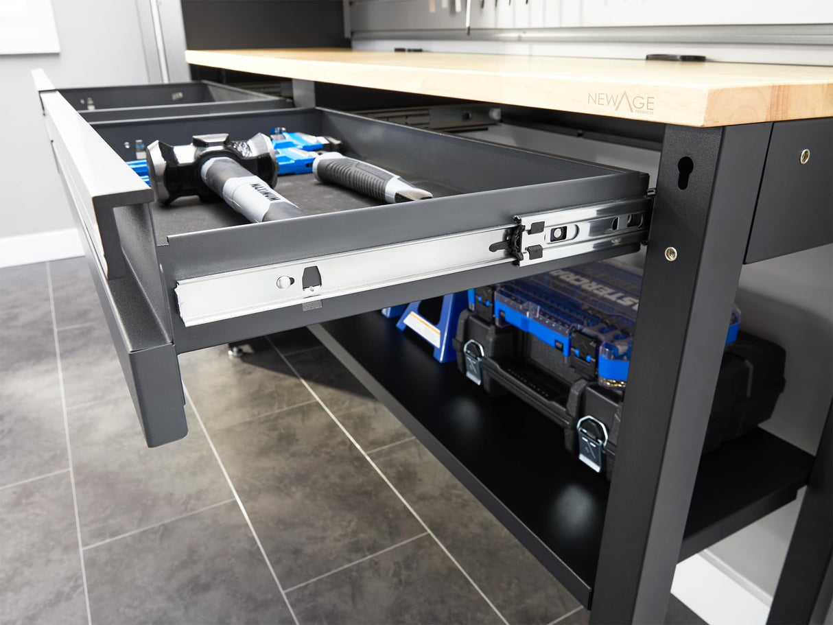 NewAge Products Bold Series Gray All-in-one 4pc Set, 30 in. Locker, Wall Cabinet, 60 in RTA Workbench with Bamboo Worktop, 24-Gauge Heavy Duty Steel Garage Storage Cabinets, 73501 NewAge Products Inc.