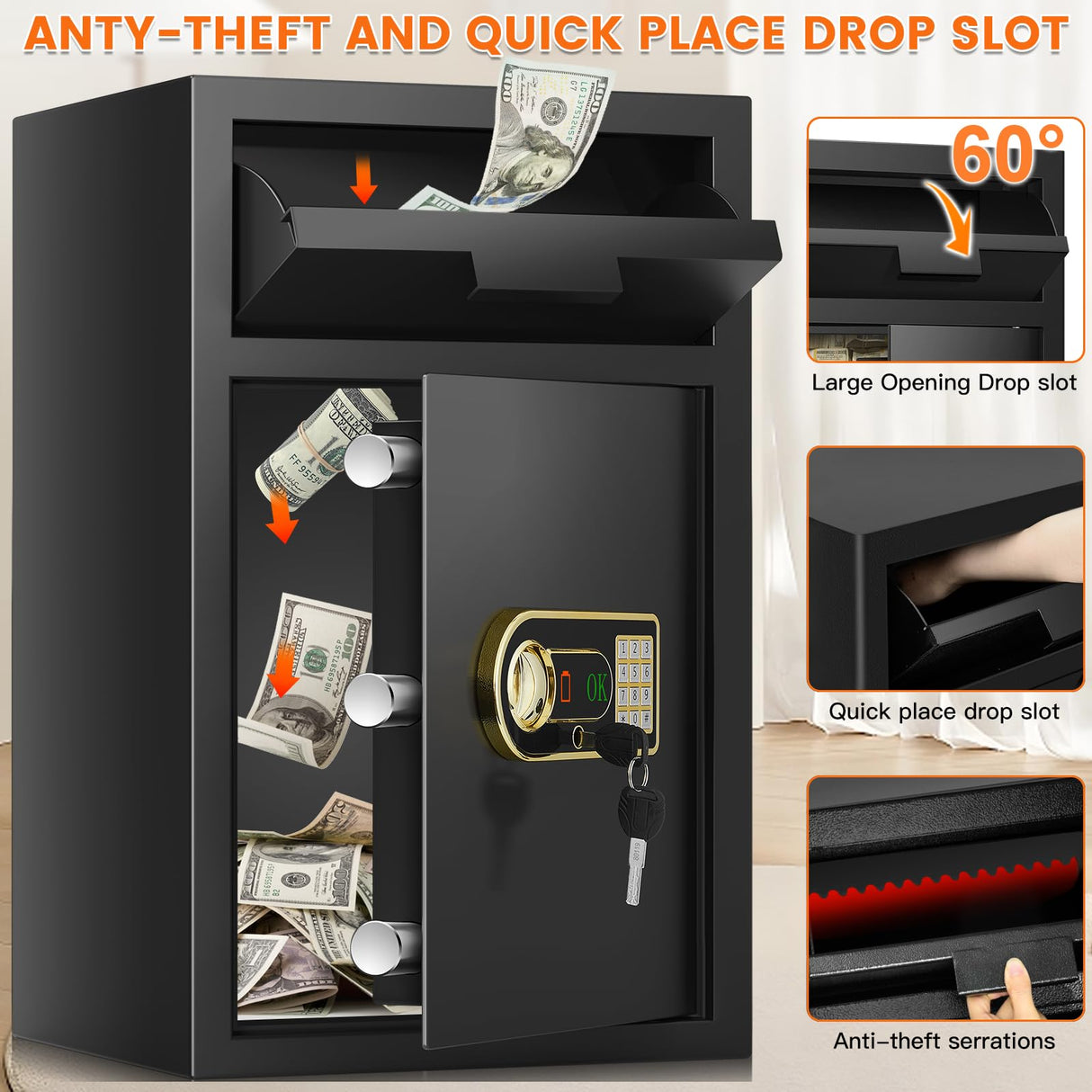 3.6 cu ft Large Fireproof Drop Safe Box for Business, Anti-Theft Money Drop Slot Safes with Digital Keypad and Spare Keys, Heavy-duty Cash Depository Lock Safe for Home Office Retail Store Business Tiskgg