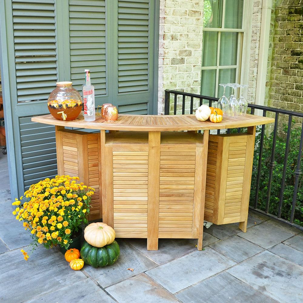 TITAN GREAT OUTDOORS Ash & Ember Grade A Teak Folding Bar Table, Two Tier Cabinet with Folding Panels, Indoor Outdoor Solid Wood Patio Furniture, Tightly Spaced Slats, Weather Resistant Bar Furniture TITAN GREAT OUTDOORS