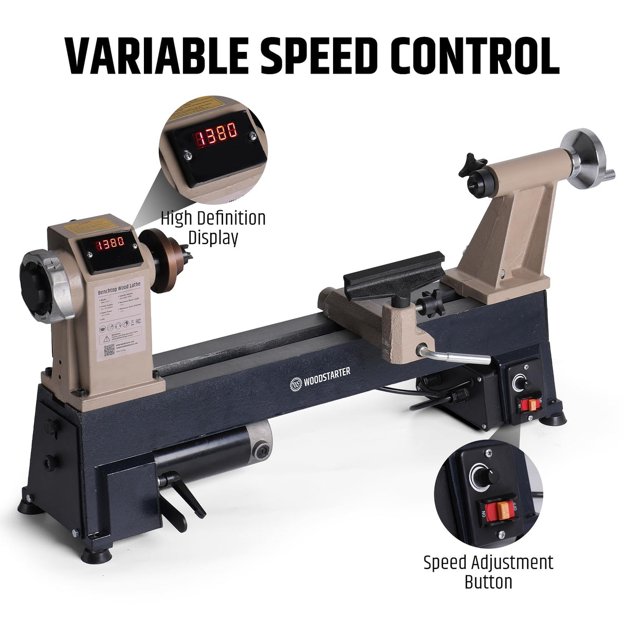 WOODSTARTER 12" x 18" Wood Turning Lathe, 1 HP Benchtop Woodworking Lathe with Variable Speed 650-3800 RPM, Dual-Function Design with Extension Ports for Belt Sander or Grinding Wheel or Rotary Kit WOODSTARTER