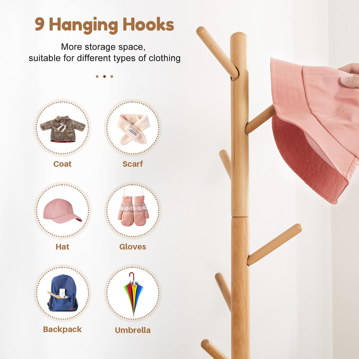 Cozivolife Kid's Coat Rack Stand Beech Wood Clothes Tree, Height Adjustable Freestanding Child Jacket Holder with 9 Hooks, Hanging Hats and Handbags, Hallway, Entryway,Bedroom, Easy Assembly (Natural) Cozivolife