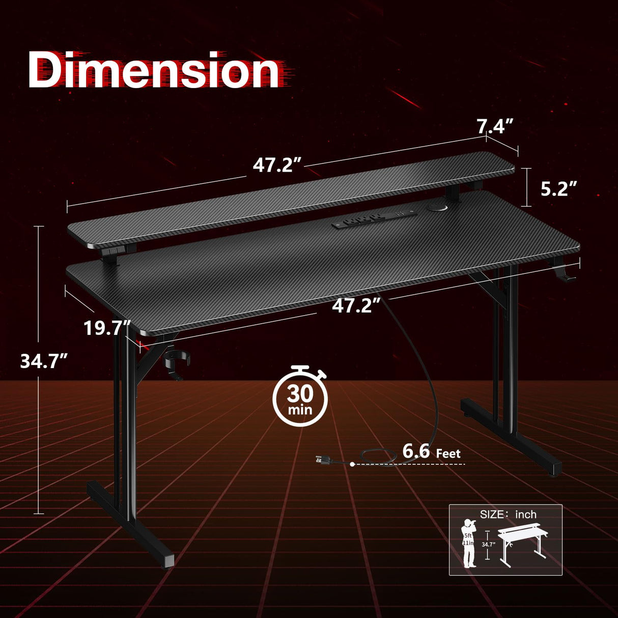 MOTPK Gaming Desk with LED Lights & Power Outlets, 47 Inch Computer Desk Gaming Table with Monitor Shelf, Gamer Desk with Carbon Fiber Texture, Kids Boys Desk Gift for Men MOTPK