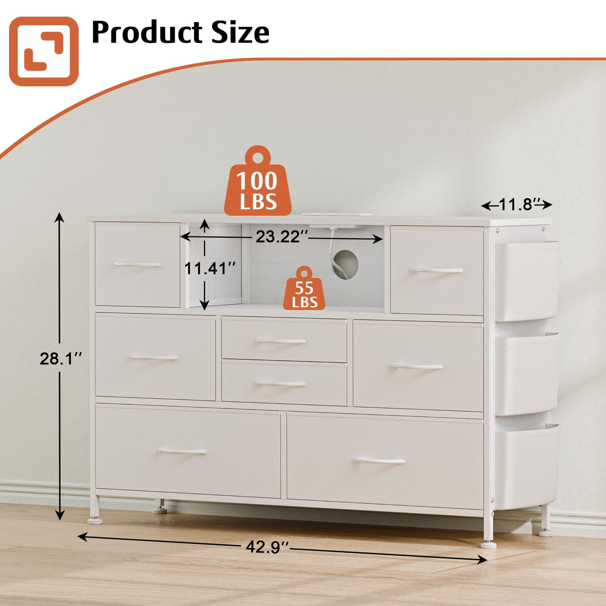 YaFiti Dresser for Bedroom with 8 Drawers, Dresser TV Stand with LED Lights, Fabric Chest of Drawers with Side Pocket for Living Room, Entryway, Bedroom Furniture (White) YaFiti