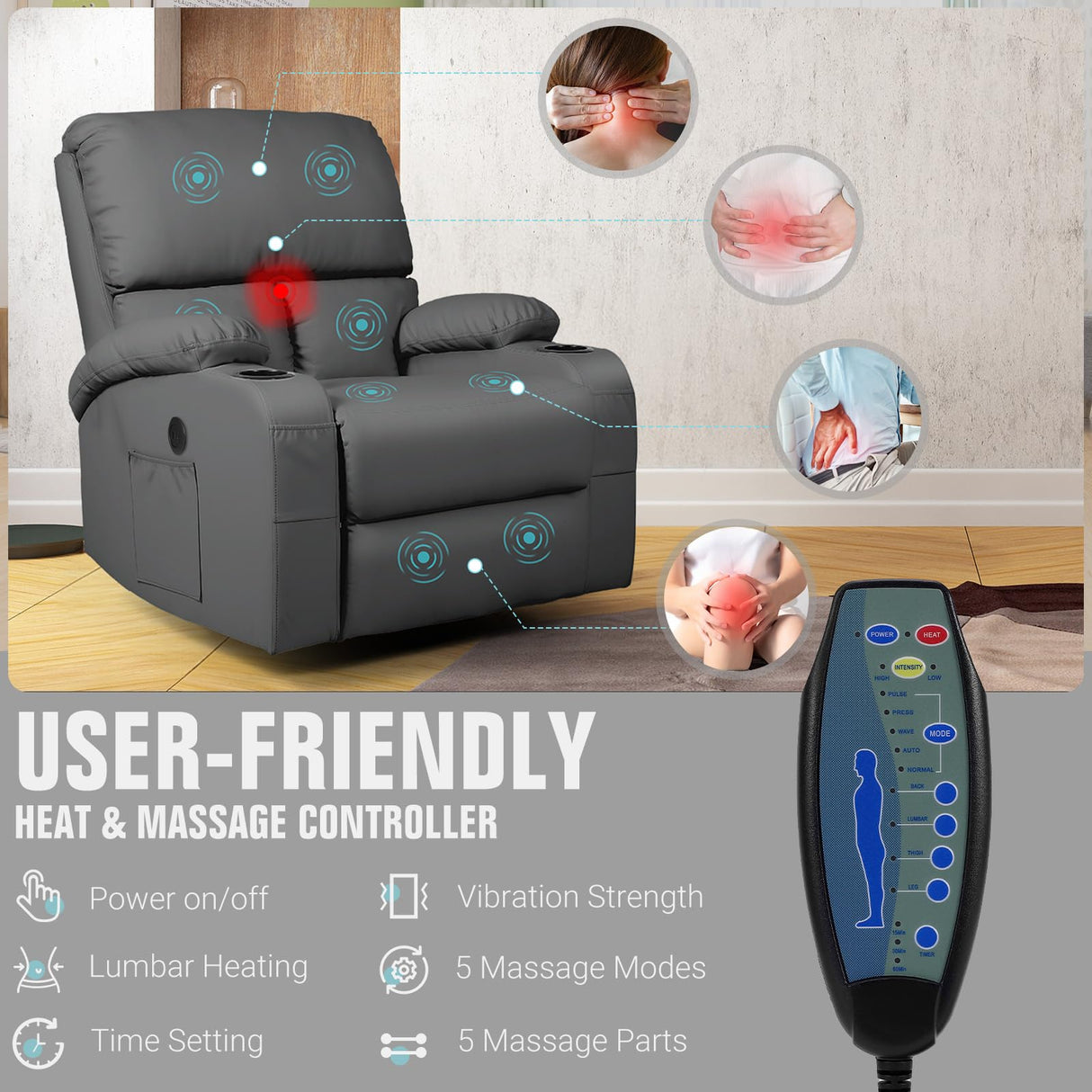 Rocking Recliner Chair, Massage Rocker Recliner Chair with Vibration Massage and Heat, USB and Type-C Ports,360° Swivel Faux Leather Chairs, Living Room, Bedroom, Nursery, RV, Dark Grey LEVELEVE