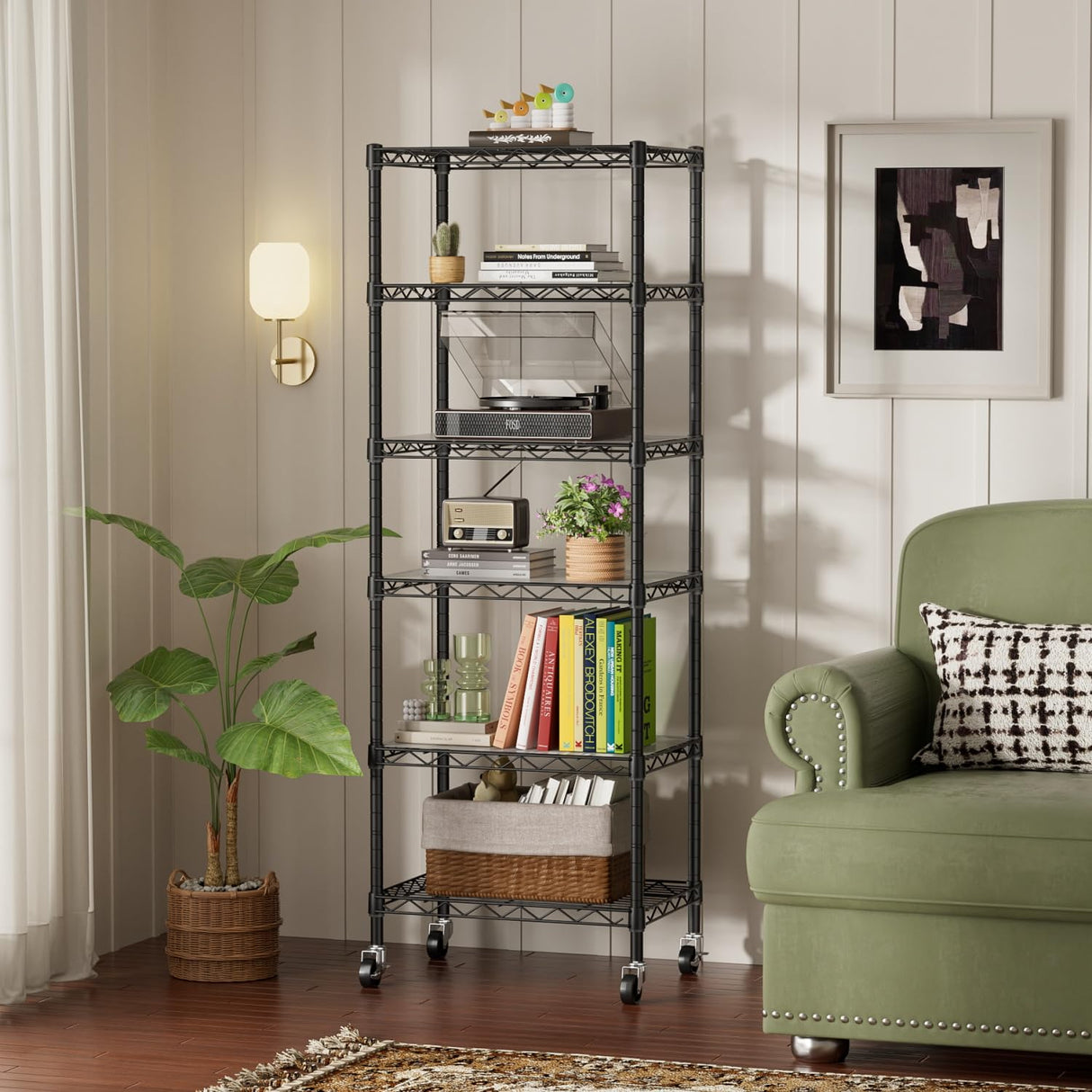 SINGAYE 6 Shelf Storage Wire Shelves Closet Bathroom Organizers Metal Pantry Kitchen Small Garage Shelving Unit Laundry Room Organization Home Narrow Rack Net Basket with Wheels Black SINGAYE