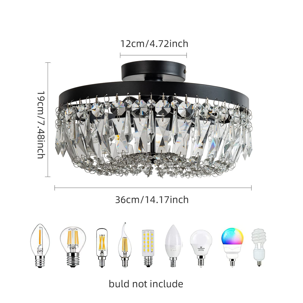 KSRYSZCQ Black Crystal Ceiling Light 4 Light Semi Flush Mount Ceiling Light Crystal Close to Ceiling Light Fixtures for Bedroom Living Room Kitchen Hallway KSRYSZCQ