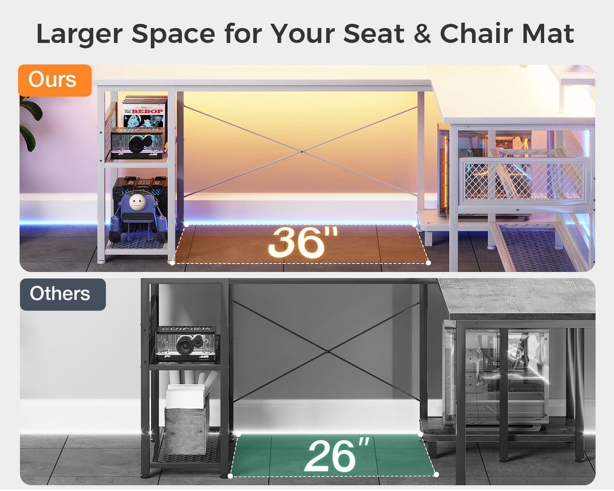 ODK 66" Reversible L Shaped Gaming Desk with LED Lights and Power Outlets in Grey Oak ODK