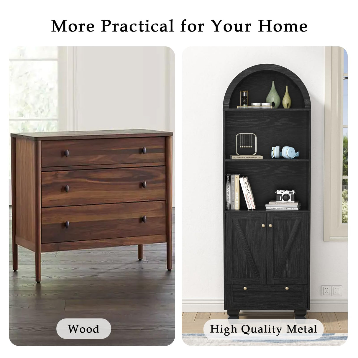 Giluta 71" Tall Arched Bookshelf Two Doors 5-Tier Storage Display Cabinet with Open Display Shelf & Drawer, Black Kitchen Pantry Cabinet for Living Room, Dining Room Giluta