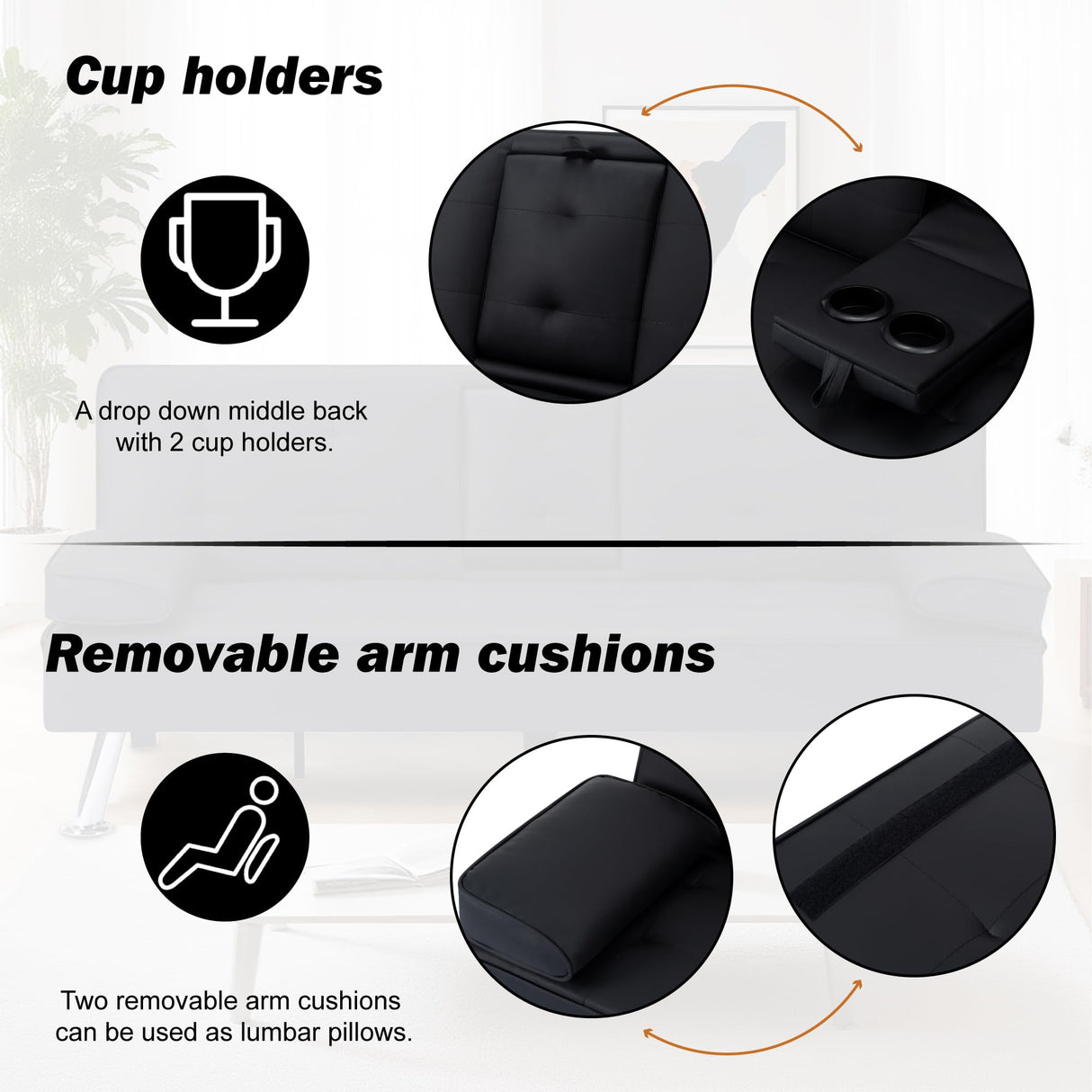 Convertible Loveseat Sofa Sleeper Couch Bed Adjustable PU Leather Upholstery Folding Recliner Sofá, Small 2-Seat Futon Sofa&Couch, Modern Accent Accent Couches with Cup Holders for Living Room Lyngins