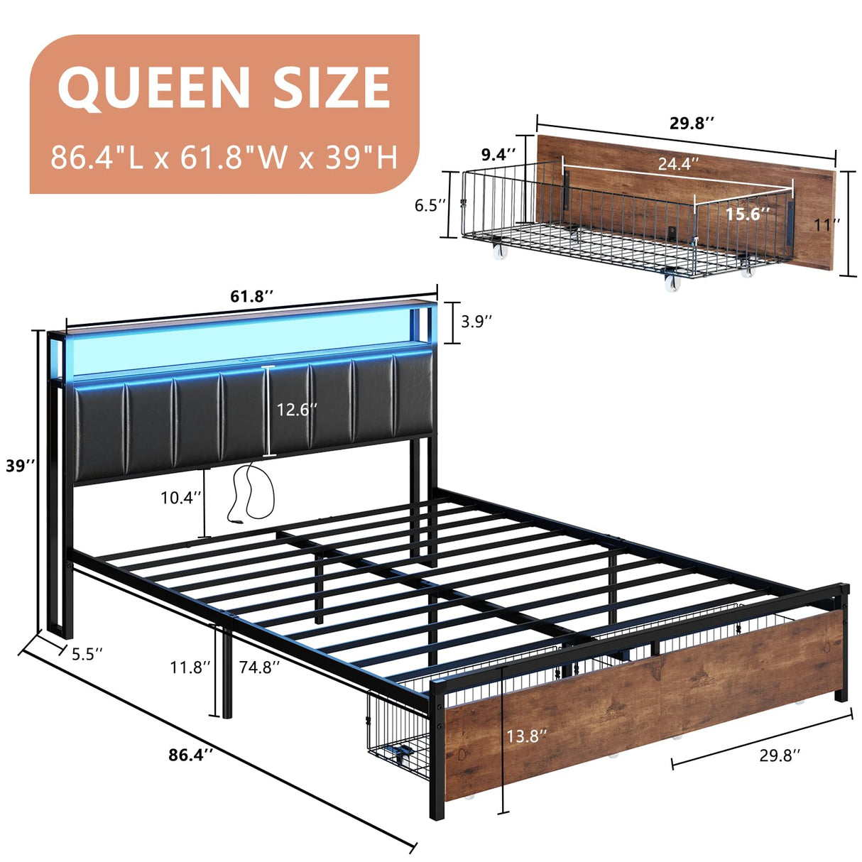 AMERLIFE Rustic Brown LED Platform Bed Frame with Storage Drawers & Charging Station Headboard AMERLIFE