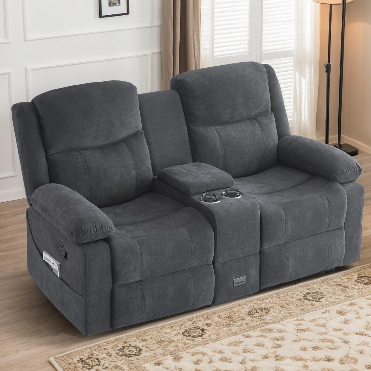 RIHEREFY Loveseat Recliner Sofa with Massage & Heating, Reclining Loveseat with Console, RV Wall Hugger Double Loveseat Recliner Couch for Living Room & Home Theater (Chenille-Grey) RIHEREFY