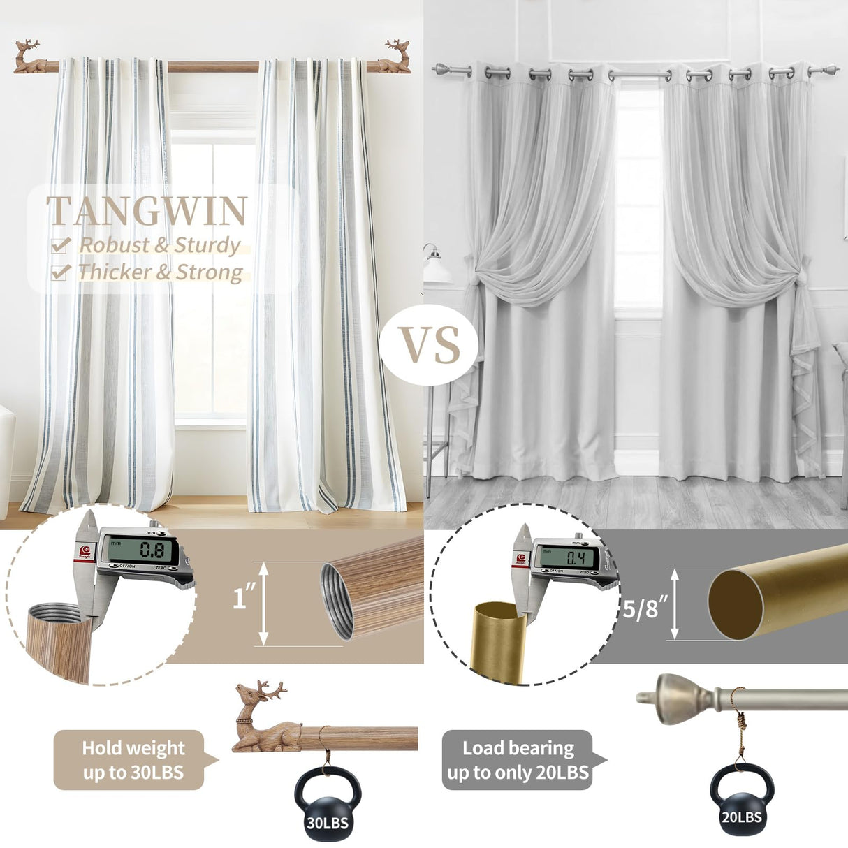 TANGWIN Wood Curtain Rods for Windows 48 to 84 Inch(4-7Ft),1 Inch Adjustable Curtain Rod,Rustic Wooden Curtain Rod,Decorative Deer Drapery Rods,Single Window Curtain Rods 36-88",Brown Wood Grain TANGWIN