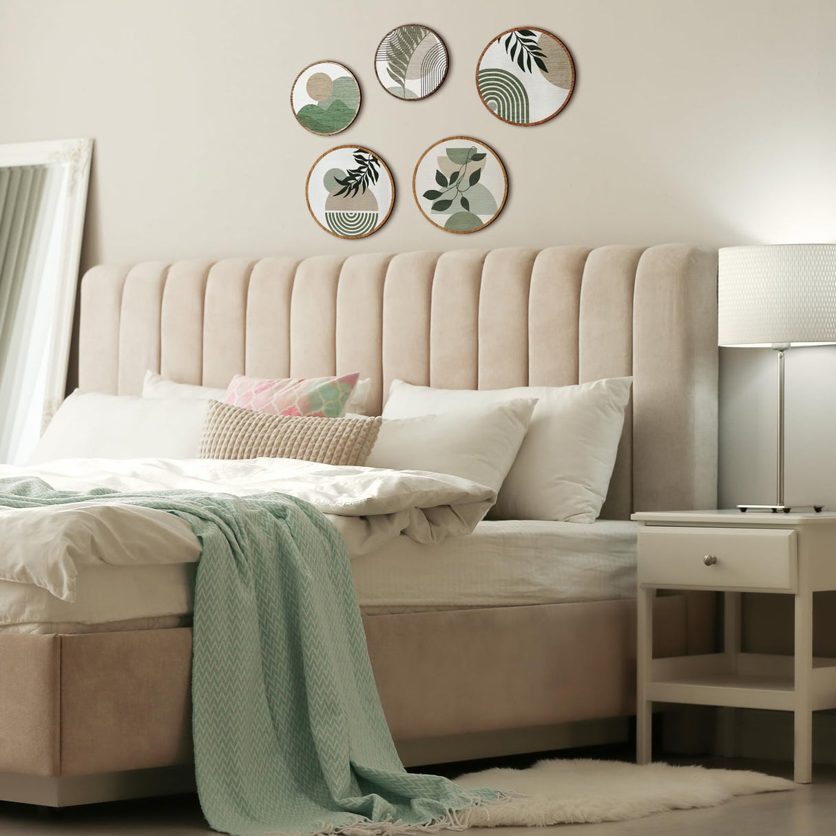 5 Pcs Boho Wooden Wall Art - Bohemian Geometric Hanging Decor for Living Room, Bedroom - 10'' and 8'' Greenery Minimalist Farmhouse Wall Hangings Qunclay