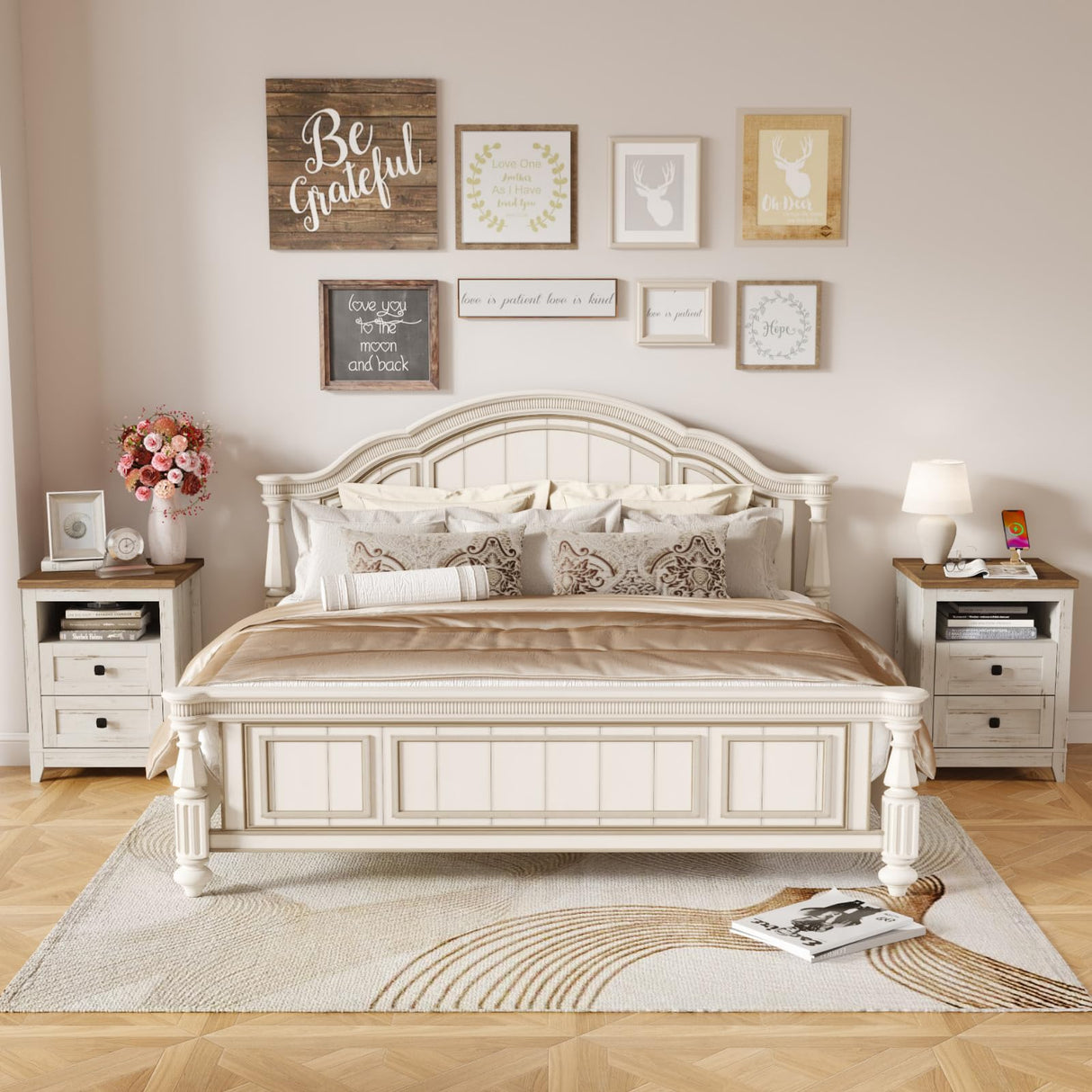 Lifewit Farmhouse Nightstand with Power Outlets and USB Ports, Bedside Table with 2 Drawers and 1 Open Storage Space, Side Table, End Table, Night Stand for Bedroom, Rustic White Lifewit