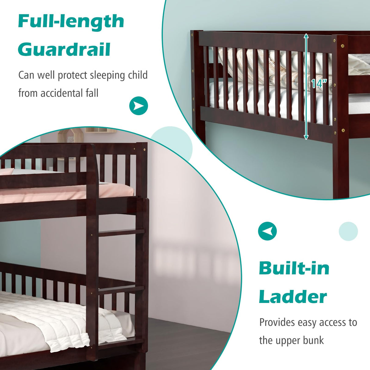 MAT EXPERT Bunk Bed with Trundle, Pine Wood Full Over Full Bunk Beds Frame with Full-Length Guardrails & Ladder, Detachable Bunk Beds Twin Over Full Size for Adults, Teens, Kids (Espresso) MAT EXPERT