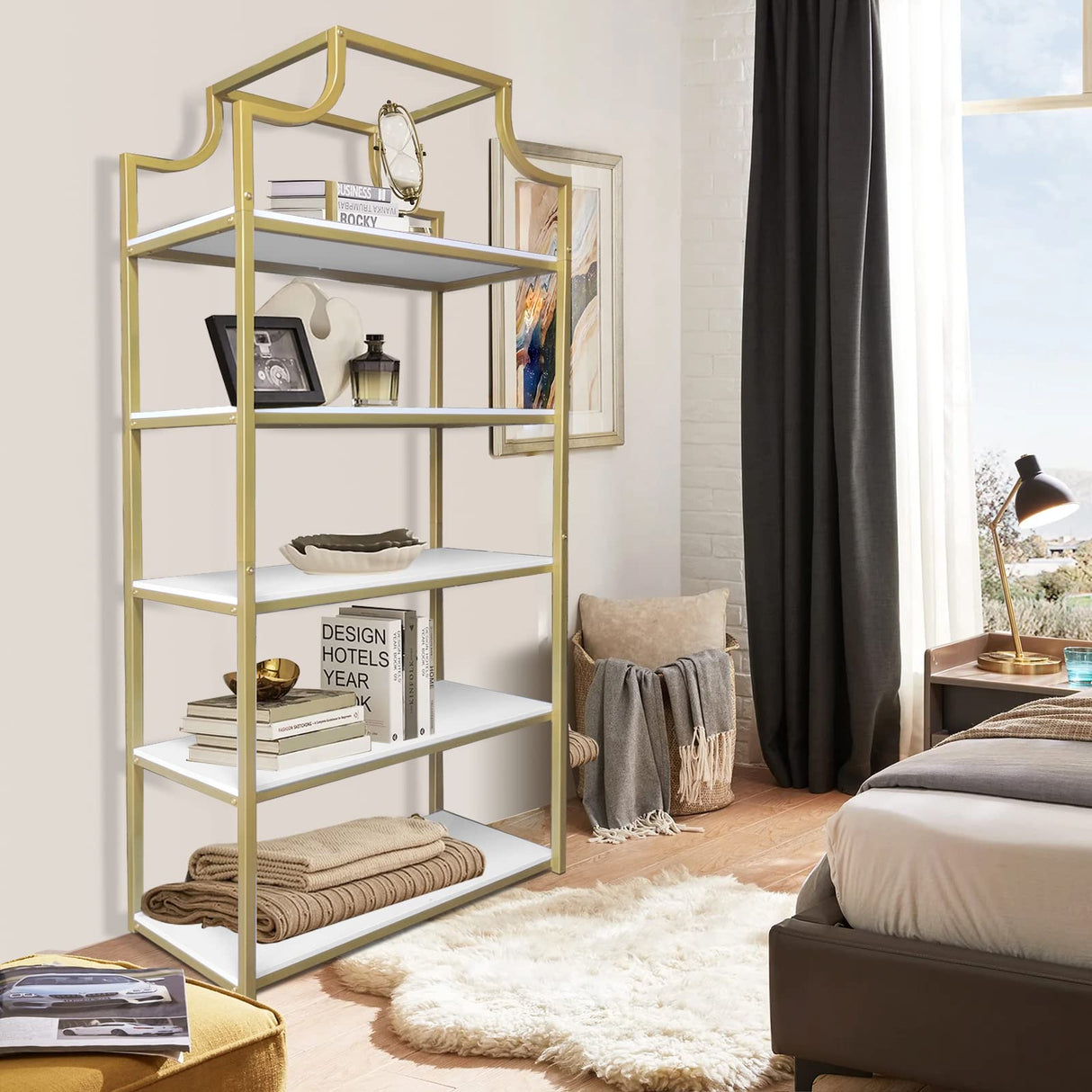 TooCust 5-Tier Gold Bookcase, 29.5" Lx70.6 H, Bookshelf for Bedroom,Gold Book Display Shelf, Arched Bookcase, Organizer Rack for Living Room, Gold Freestanding Display Shelf,White and Gold Bookshelf TooCust