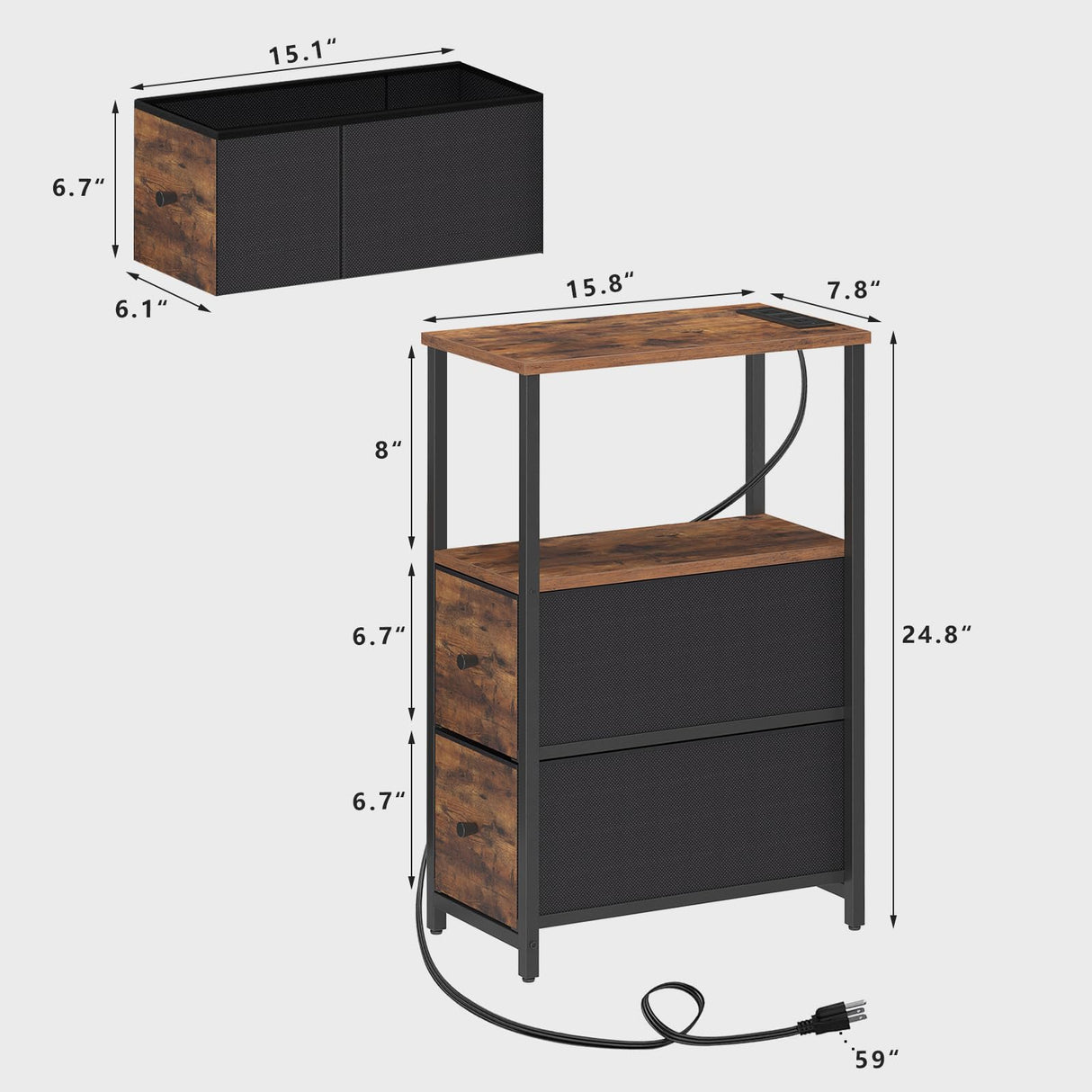 TUTOTAK Small Narrow LED End Table with Charging Station, Side Table Outlets, Nightstand with 2 Cloth Drawers, Set of 2, Couch Table, for Living Room, Bedroom, Bedside, Brown TB01BB056 TUTOTAK