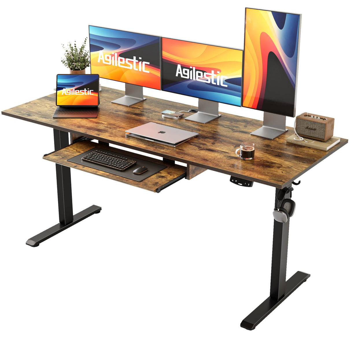 Agilestic Height Adjustable Desk with Keyboard Tray, 63 x 24 Inches Electric Standing Desk, Stand up Computer Table with Memory Preset, Modern Lift Motorized Gaming Workstation, Rustic Brown Agilestic