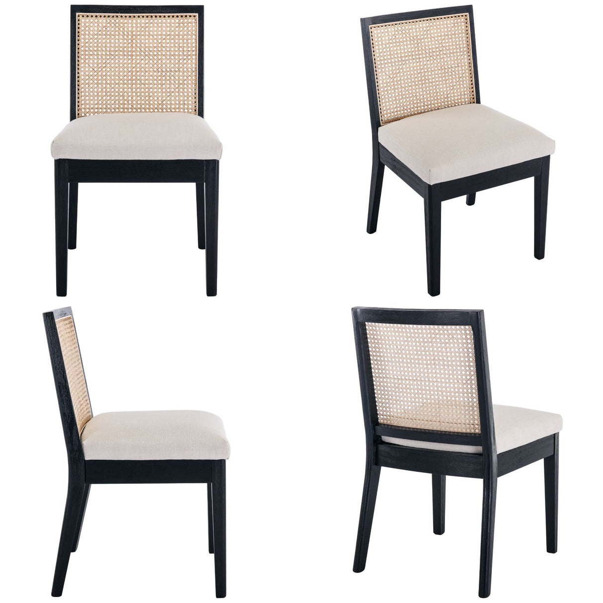 BESTANO Farmhouse Rattan Dining Chairs Set of 4 Black Wood Dining Room Chairs Rectangle Cane Country Kitchen Chairs Upholstered Dining Chair for Dining Room, Cream Linen BESTANO