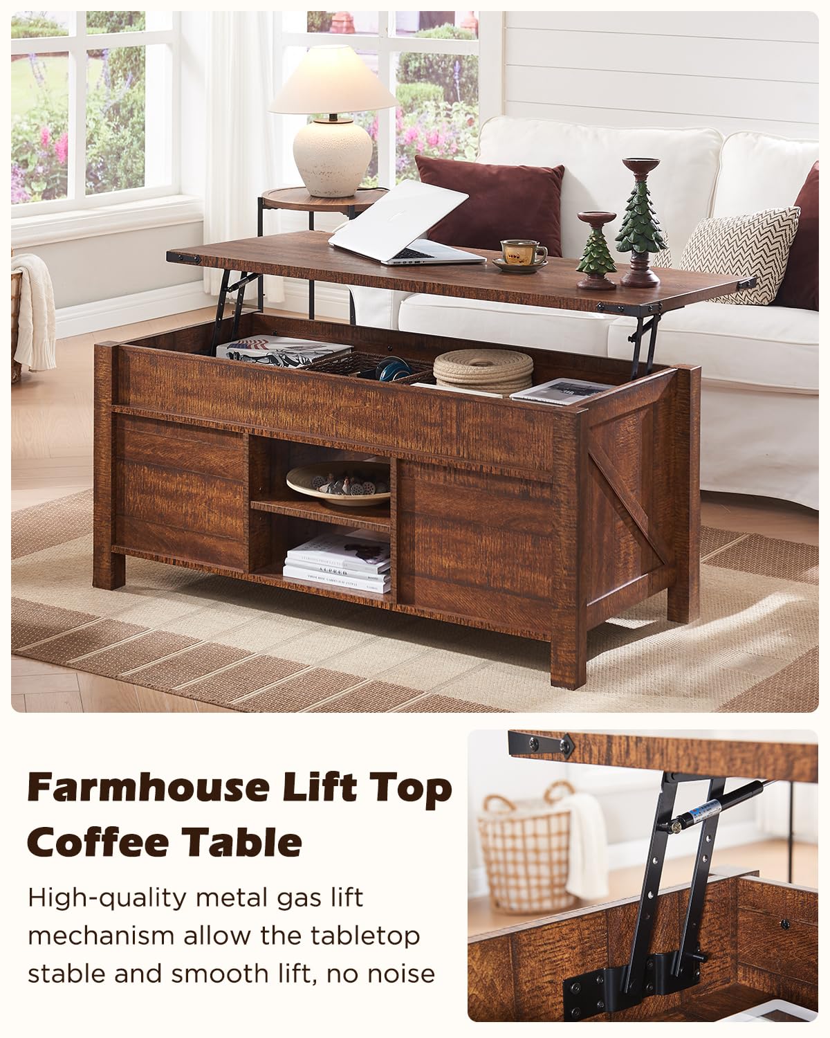 OKD 48" Farmhouse Lift Top Coffee Table with Sliding Barn Door,Rustic Center Table with Hidden Storage Compartment,Lifting Tabletop and Adjustable Shelf for Living Room,Office,Reclaimed Barnwood OKD