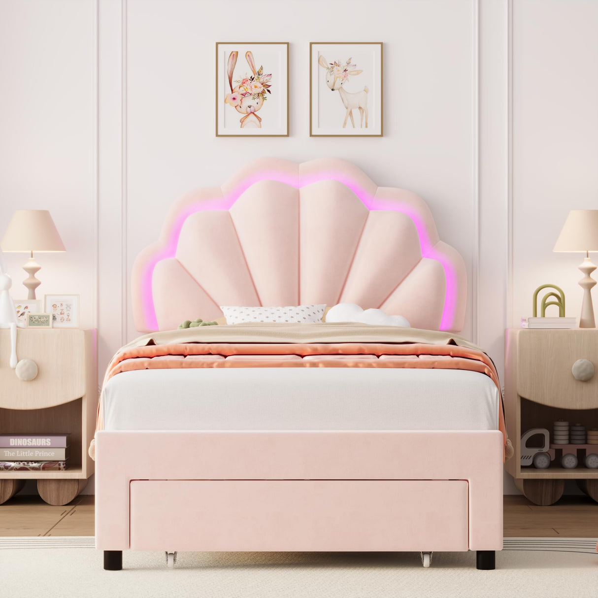 HIFIT Twin Upholstered Smart LED Bed Frame with Storage Drawer and Adjustable Chic Double Petal Headboard, Princess Platform Bed for Girls/Kids, Solid Wood Slats Support, No Box Spring Needed, Pink HIFIT