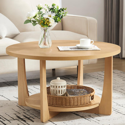 BECHAEO 31.5'' Round Coffee Table with Solid Wood Pine Legs, 2-Tier Retro Round Coffee Table with Storage Shelf, Small Modern Wood Circle Coffee Table Boho Round Center Table for Living Room (Natural)