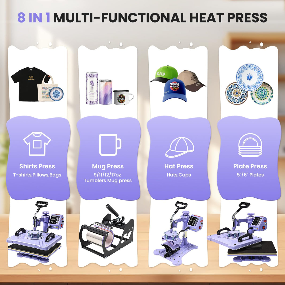 AKEYDIY Heat Press 15x12 Inch, 5 in 1 Heat Press Machine for T-Shirts Hat Cap Mug Plate, 360° Swing Away Shirt Pressing Machine, Sublimation Heat Transfer Machine with Tumbler Press Hat Press, Purple AKEYDIY
