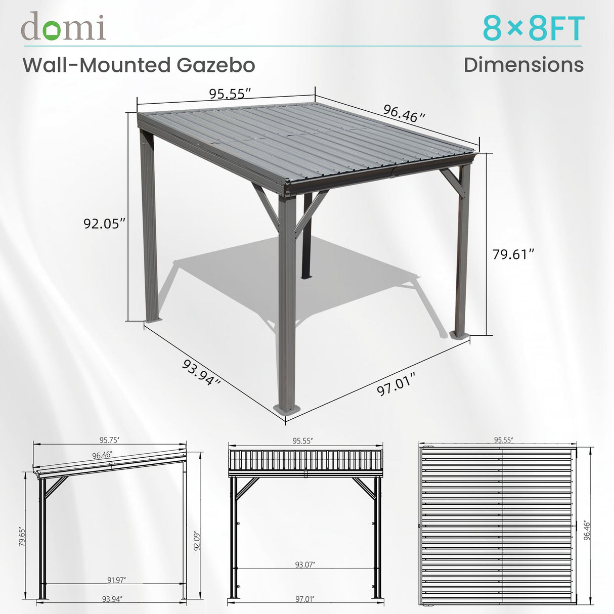 Domi 8' x 8' Lean to Gazebo, Wall Mounted Gazebos Pergola with Built in Drainage System, Galvanized Steel Roof, Hardtop Patio Shelter for Deck, Porch, Backyard and More domi outdoor living